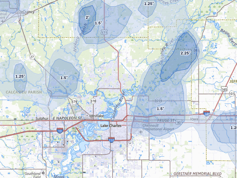 NEXRAD radar-signature map of the hail storm over Lake Charles, LA on Jul 5, 2026