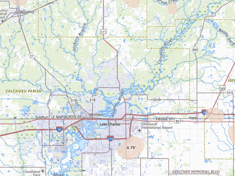 Radar-estimated hail-size map of the storm over Lake Charles, LA on Jul 7, 2026