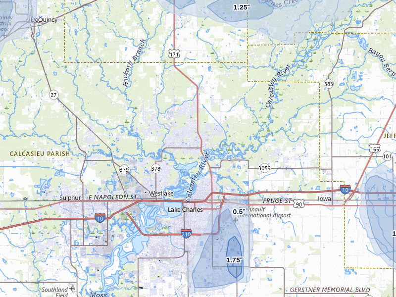 NEXRAD radar-signature map of the hail storm over Lake Charles, LA on Jul 7, 2026