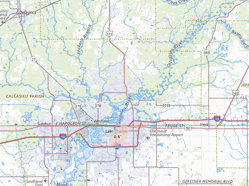 Radar-estimated hail-size map of the storm over Lake Charles, LA on Jul 8, 2026