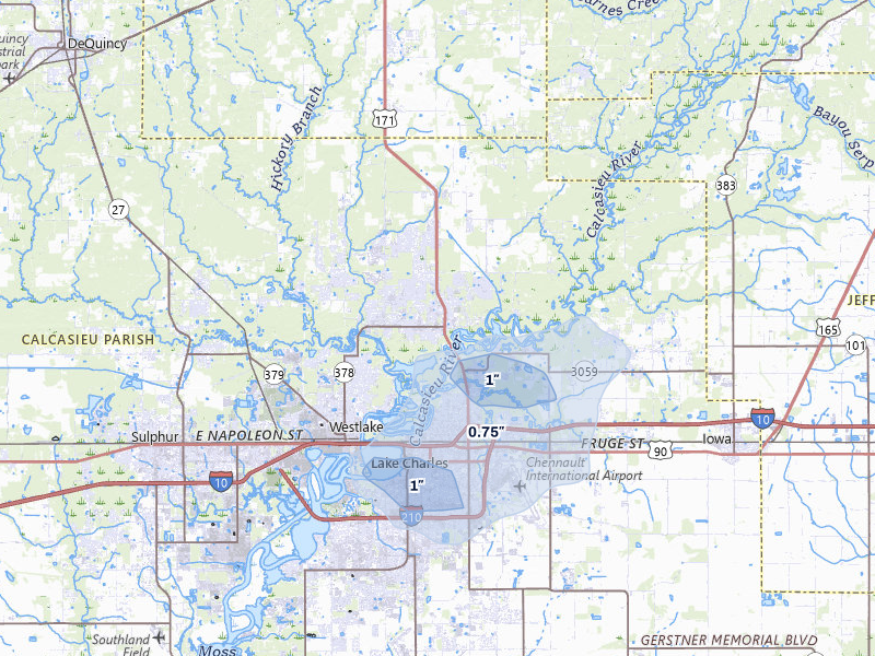 NEXRAD radar-signature map of the hail storm over Lake Charles, LA on Jul 8, 2026