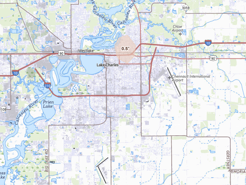 Radar-estimated hail-size map of the storm over Lake Charles, LA on Aug 5, 2026