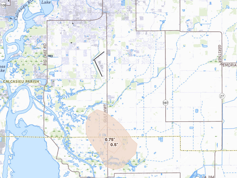 Radar-estimated hail-size map of the storm over Lake Charles, LA on Aug 28, 2026