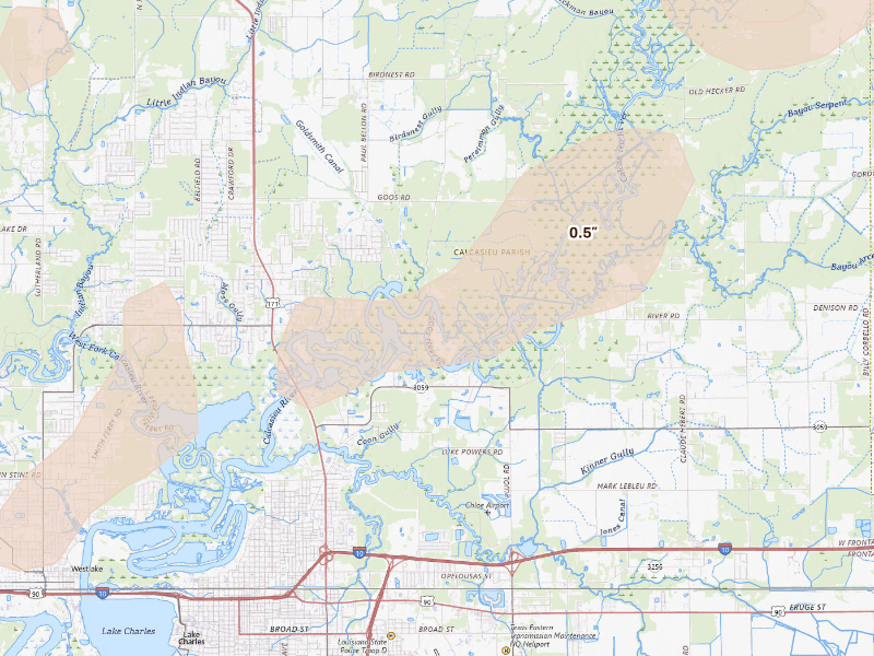 Radar-estimated hail-size map of the storm over Lake Charles, LA