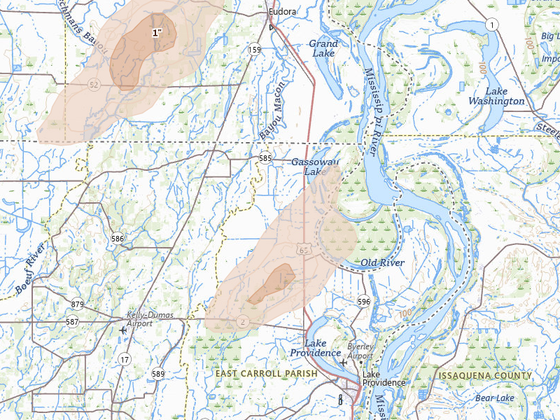Radar-estimated hail-size map of the storm over Lake Providence, LA on Mar 7, 2026