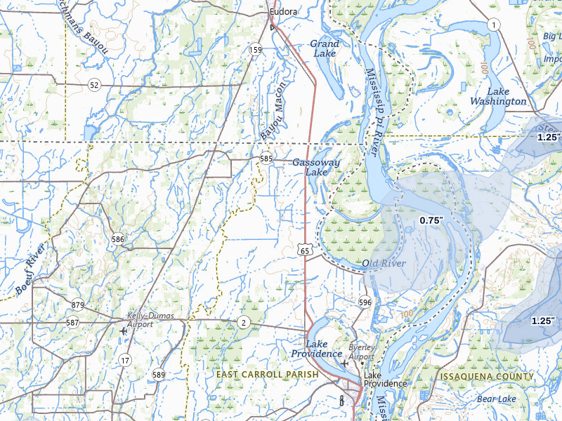 NEXRAD radar-signature map of the hail over Lake Providence, LA