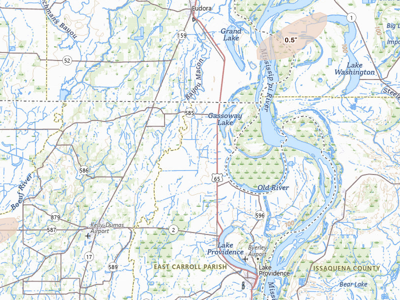 Radar-estimated hail-size map of the storm over Lake Providence, LA on Apr 28, 2026
