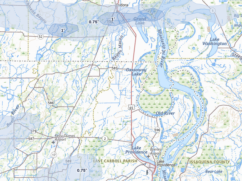 NEXRAD radar-signature map of the hail storm over Lake Providence, LA on Apr 28, 2026