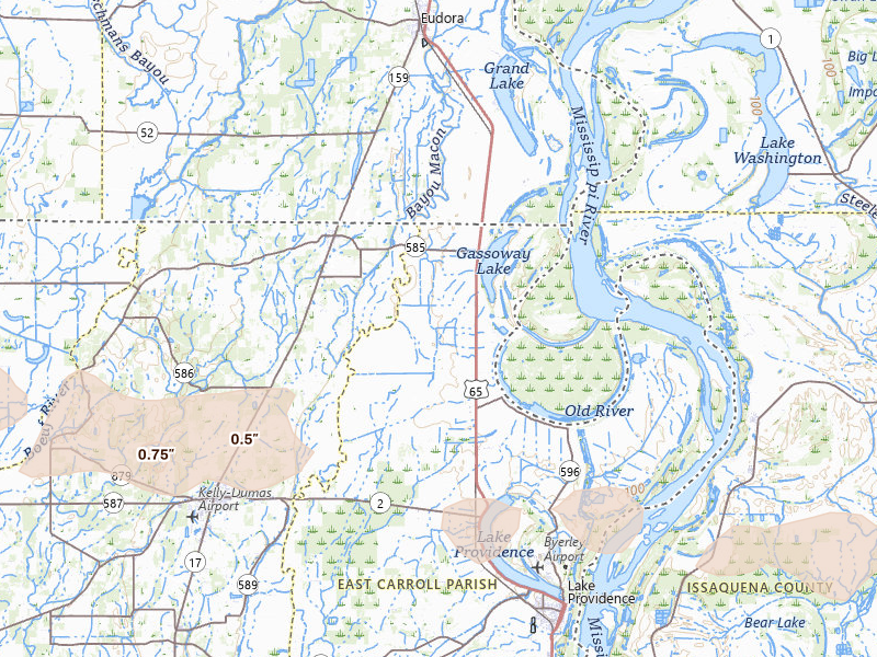 Radar-estimated hail-size map of the storm over Lake Providence, LA on May 8, 2026