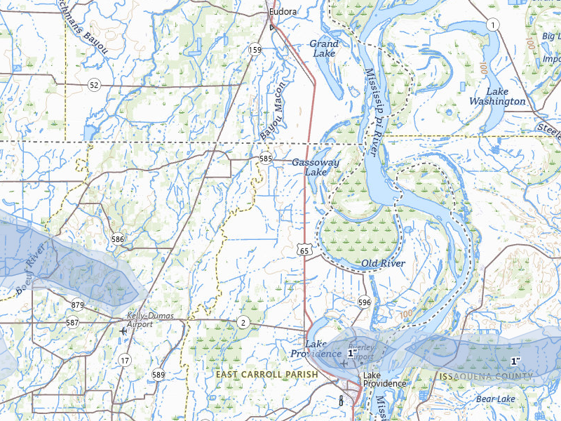 NEXRAD radar-signature map of the hail storm over Lake Providence, LA on May 8, 2026