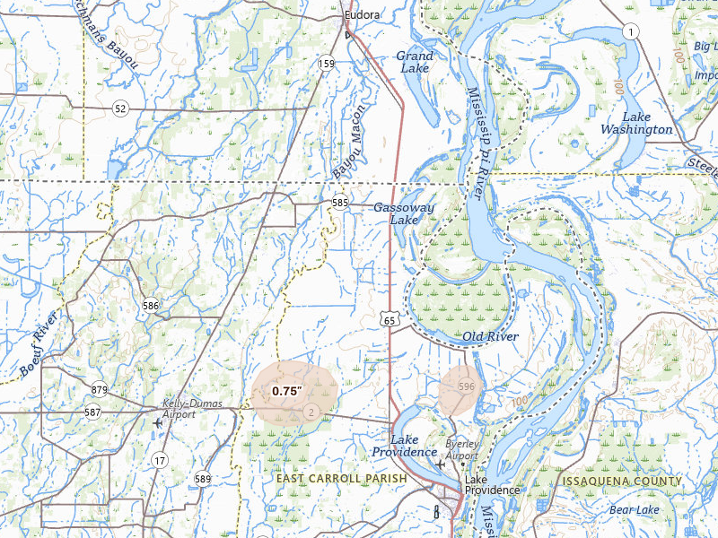 Radar-estimated hail-size map of the storm over Lake Providence, LA on Jun 1, 2026