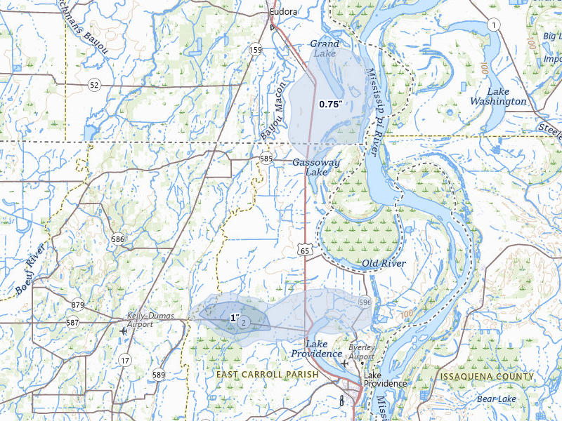 NEXRAD radar-signature map of the hail storm over Lake Providence, LA on Jun 1, 2026
