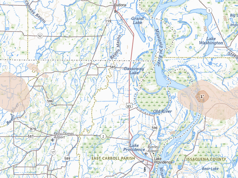 Radar-estimated hail-size map of the storm over Lake Providence, LA on Jun 22, 2026