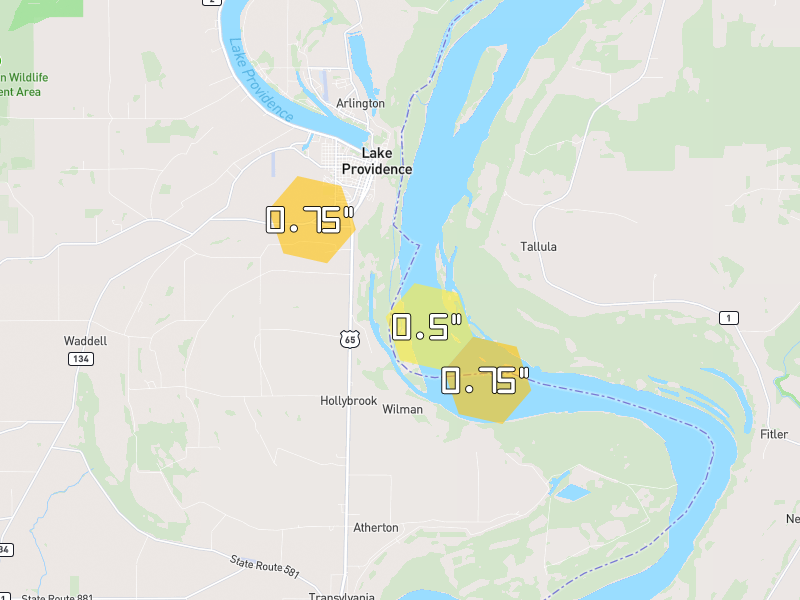Hail map of Lake Providence, LA on Jul 2, 2026, hail up to 0.75"