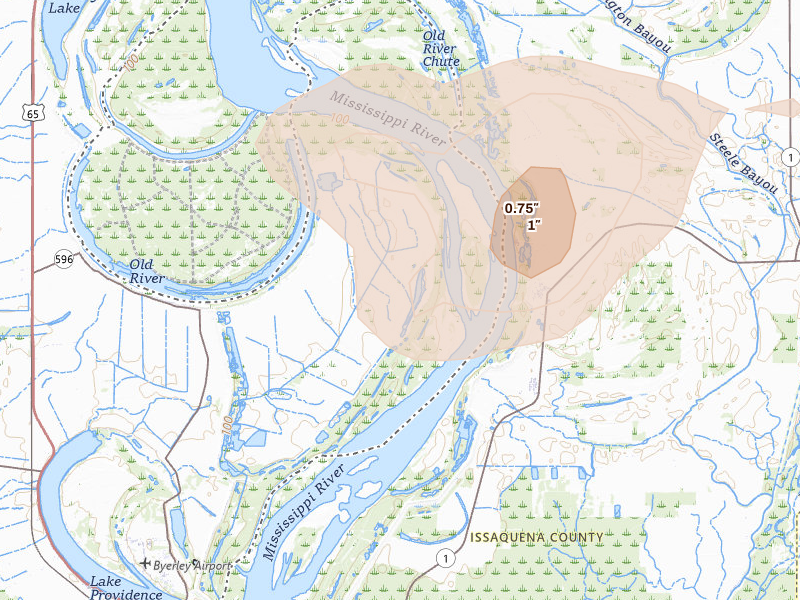 Radar-estimated hail-size map of the storm over Lake Providence, LA on Sep 3, 2026