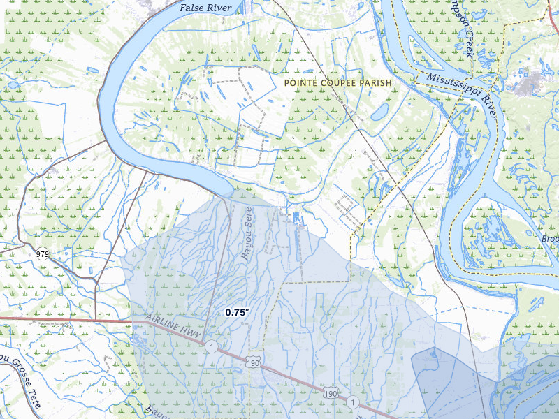 NEXRAD radar-signature map of the hail storm over Lakeland, LA on Jul 5, 2026