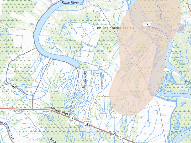 Radar-estimated hail-size map of the storm over Lakeland, LA on Jul 8, 2026