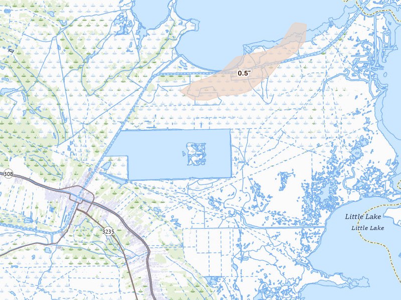 Radar-estimated hail-size map of the storm over Larose, LA on Jun 30, 2026
