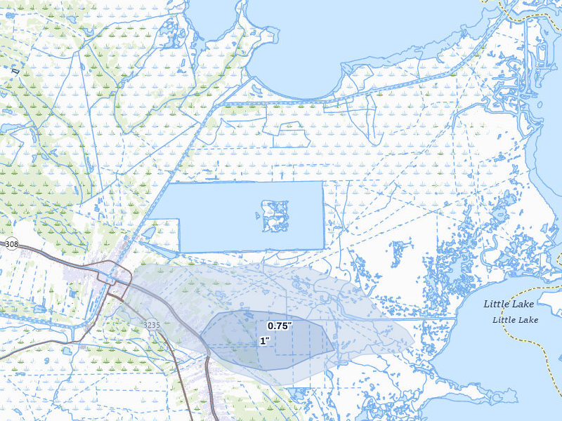 NEXRAD radar-signature map of the hail storm over Larose, LA on Jul 6, 2026