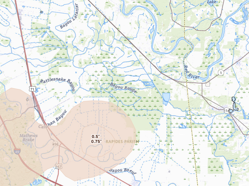 Radar-estimated hail-size map of the storm over Lecompte, LA on Jun 19, 2026