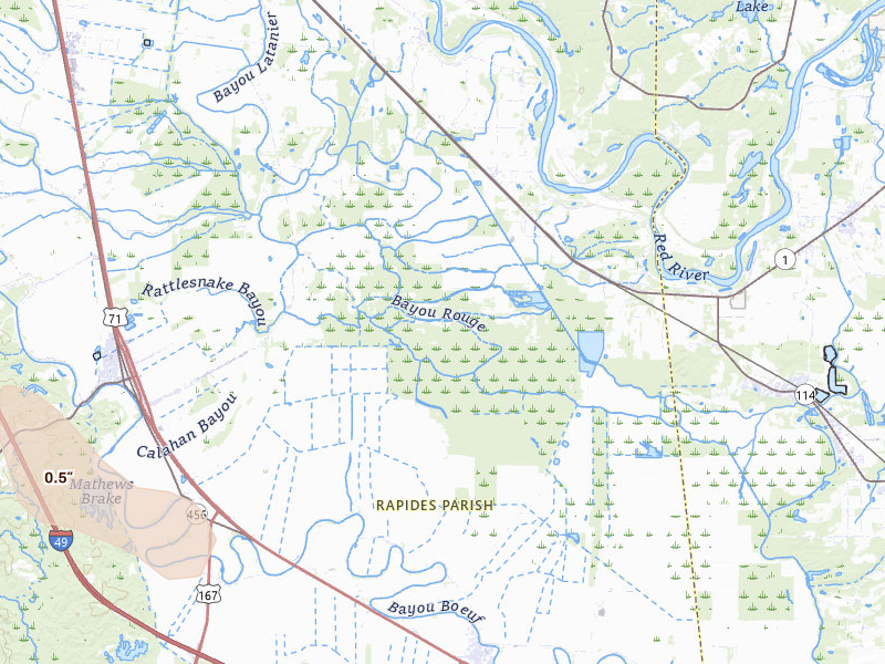 Radar-estimated hail-size map of the storm over Lecompte, LA on Jul 4, 2026