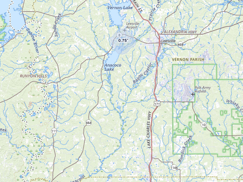 NEXRAD radar-signature map of the hail storm over Leesville, LA on Mar 7, 2026