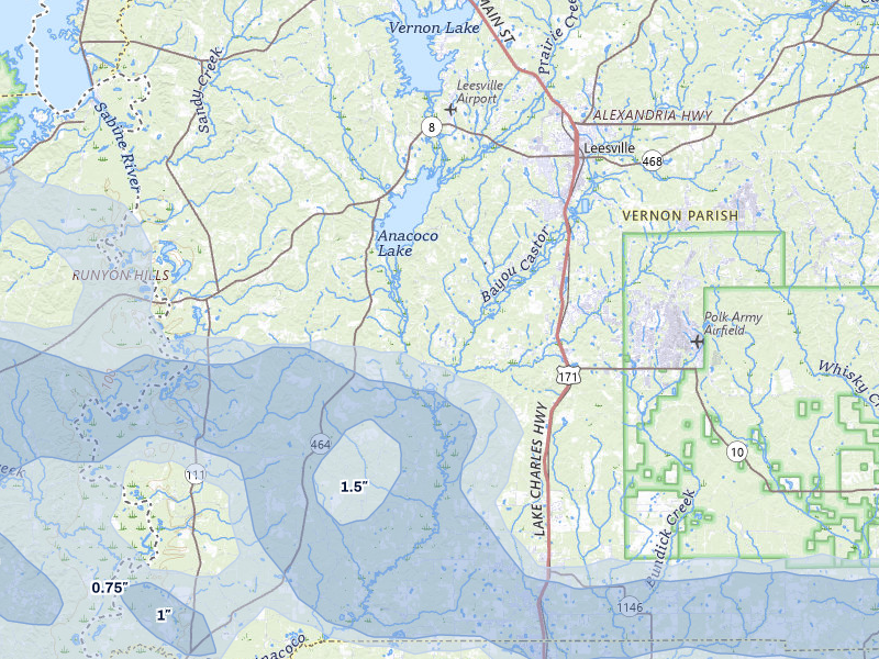 NEXRAD radar-signature map of the hail over Leesville, LA