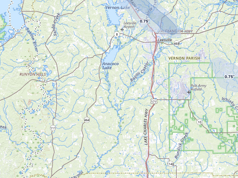 NEXRAD radar-signature map of the hail over Leesville, LA