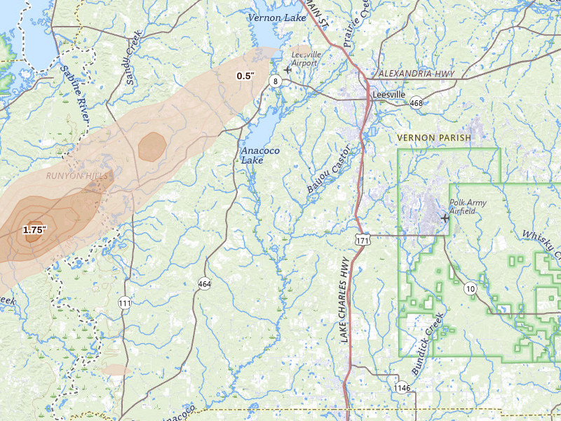 Radar-estimated hail-size map of the storm over Leesville, LA on May 8, 2026
