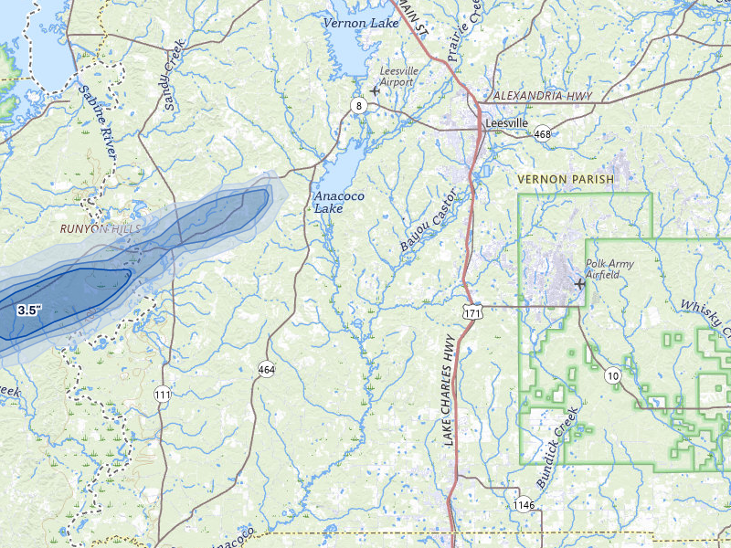 NEXRAD radar-signature map of the hail storm over Leesville, LA on May 8, 2026