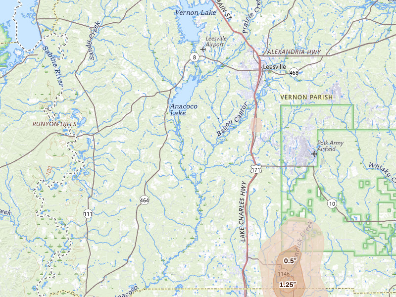 Radar-estimated hail-size map of the storm over Leesville, LA on May 10, 2026