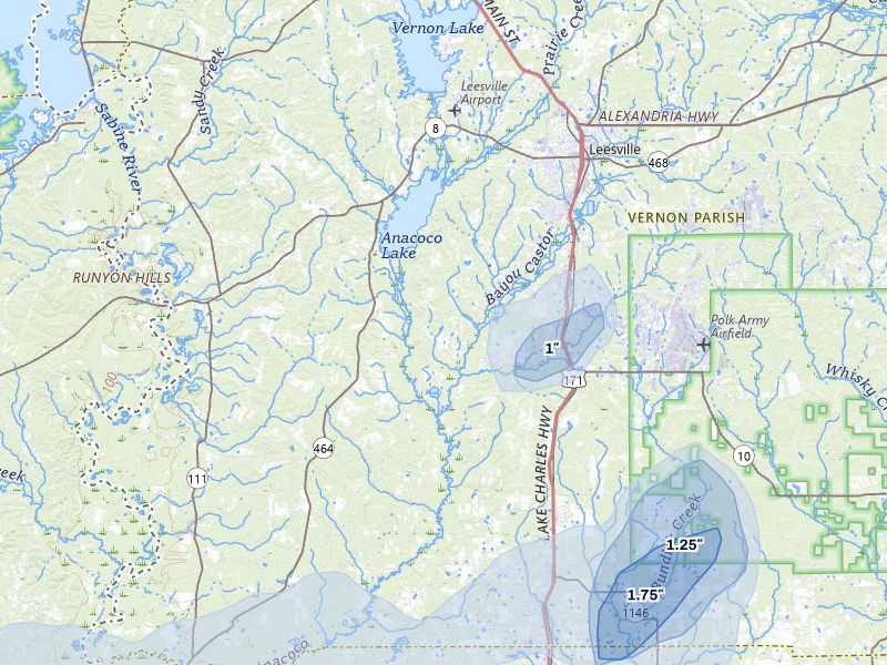 NEXRAD radar-signature map of the hail storm over Leesville, LA on May 10, 2026