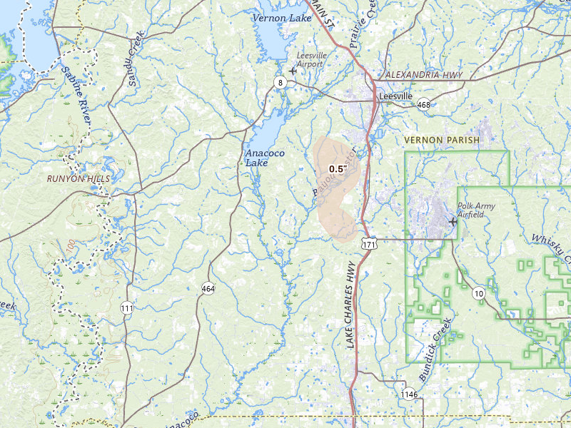 Radar-estimated hail-size map of the storm over Leesville, LA on Jun 2, 2026