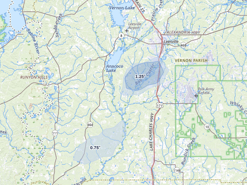 NEXRAD radar-signature map of the hail over Leesville, LA