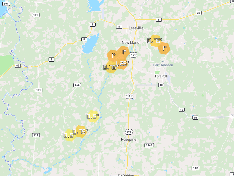 Hail map of Leesville, LA on Jun 2, 2026, hail up to 1.25"