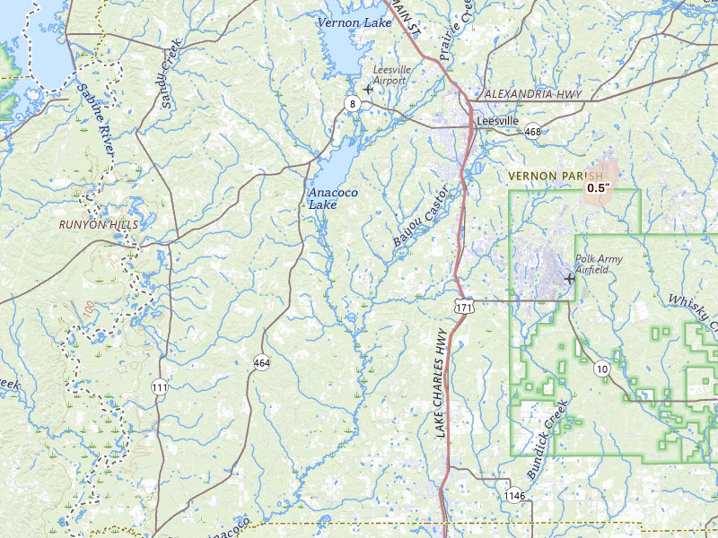 Radar-estimated hail-size map of the storm over Leesville, LA on Jul 3, 2026