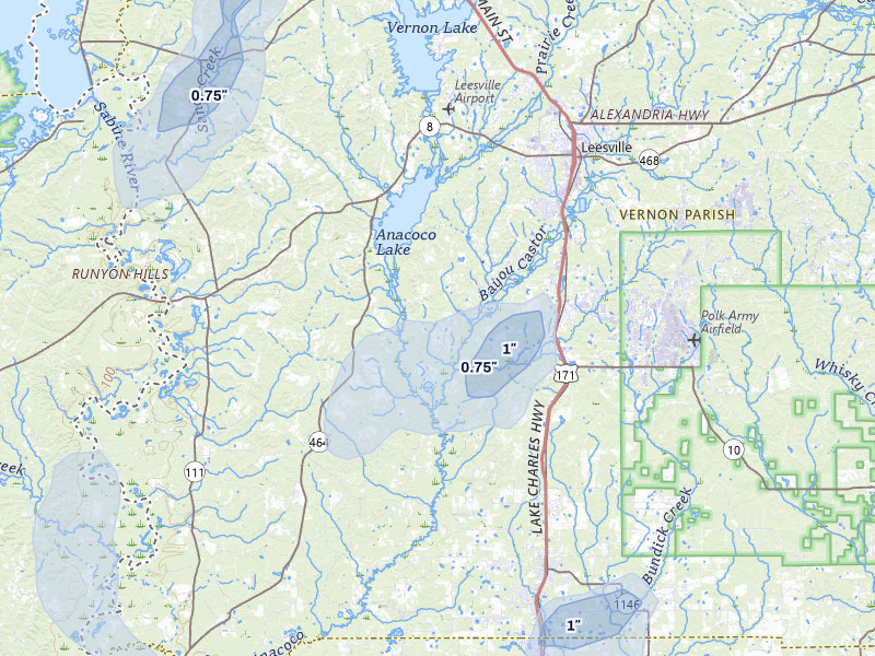 NEXRAD radar-signature map of the hail storm over Leesville, LA on Jul 5, 2026
