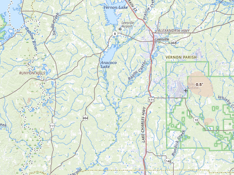 Radar-estimated hail-size map of the storm over Leesville, LA on Jul 6, 2026