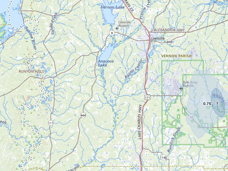 NEXRAD radar-signature map of the hail storm over Leesville, LA on Jul 6, 2026