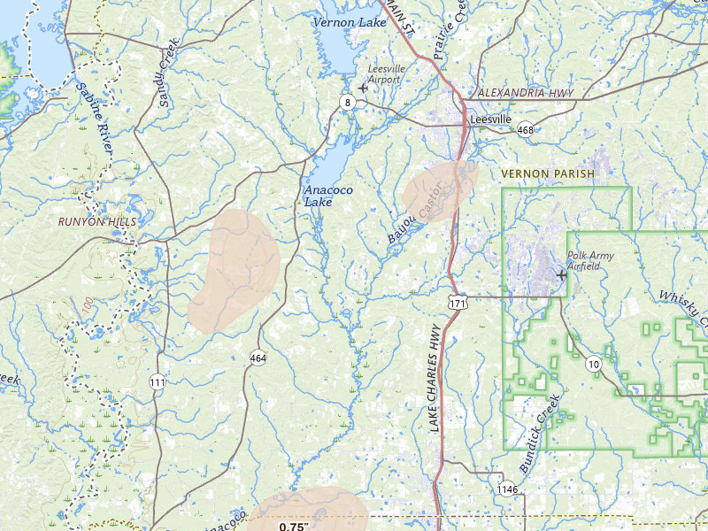 Radar-estimated hail-size map of the storm over Leesville, LA on Jul 7, 2026