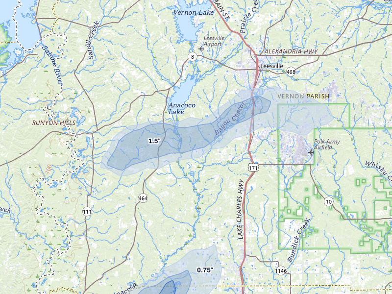 NEXRAD radar-signature map of the hail storm over Leesville, LA on Jul 7, 2026