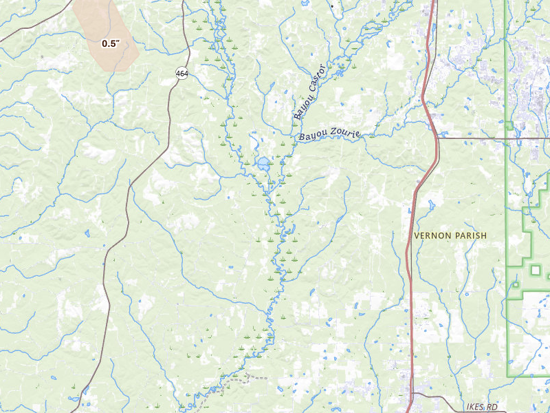 Radar-estimated hail-size map of the storm over Leesville, LA on Jul 17, 2026