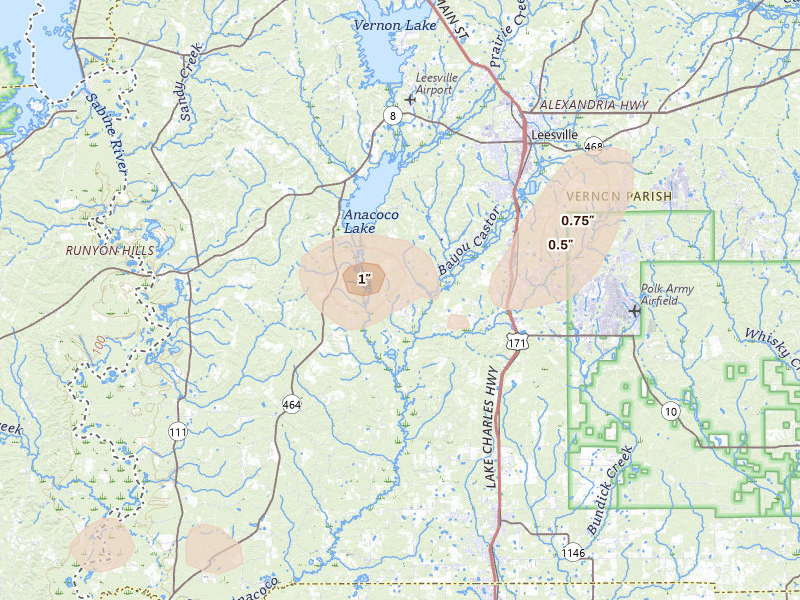 Radar-estimated hail-size map of the storm over Leesville, LA on Aug 7, 2026