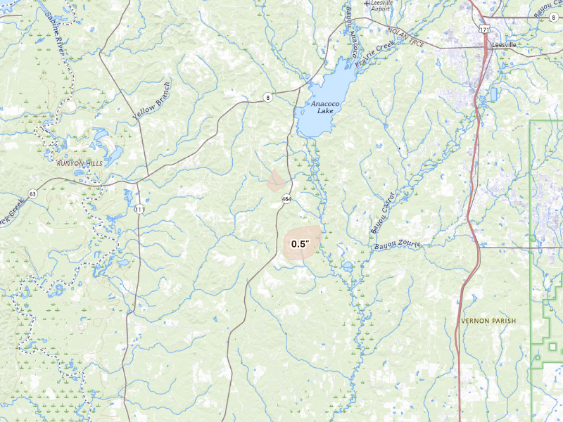 Radar-estimated hail-size map of the storm over Leesville, LA