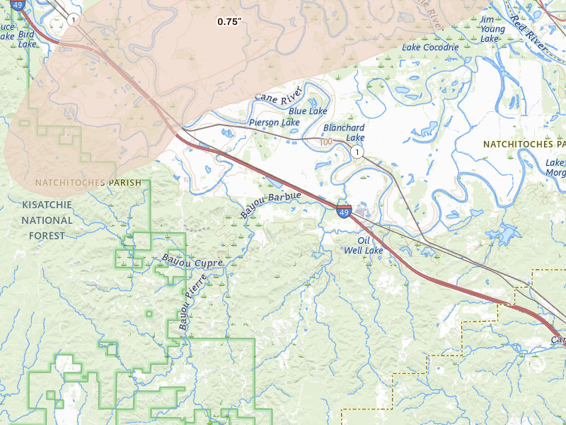 Radar-estimated hail-size map of the storm over Lena, LA on Mar 7, 2026