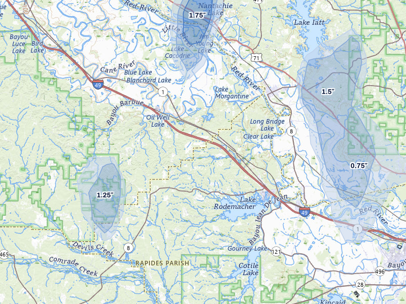 NEXRAD radar-signature map of the hail storm over Lena, LA on Aug 21, 2026