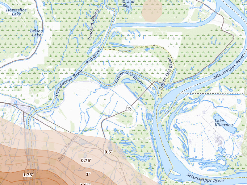 Radar-estimated hail-size map of the storm over Lettsworth, LA on May 8, 2026