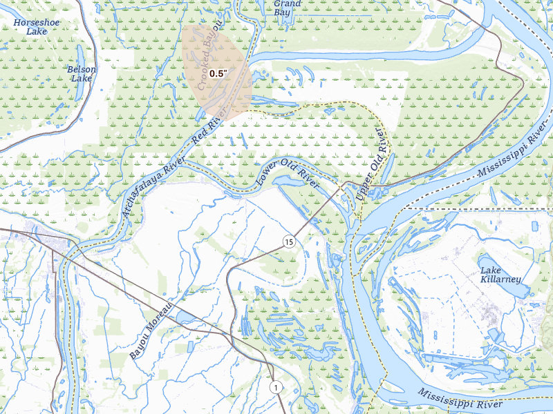 Radar-estimated hail-size map of the storm over Lettsworth, LA on Jul 5, 2026
