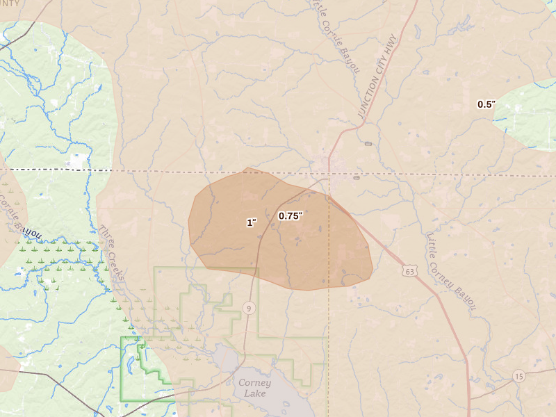 Radar-estimated hail-size map of the storm over Lillie, LA on Apr 25, 2026