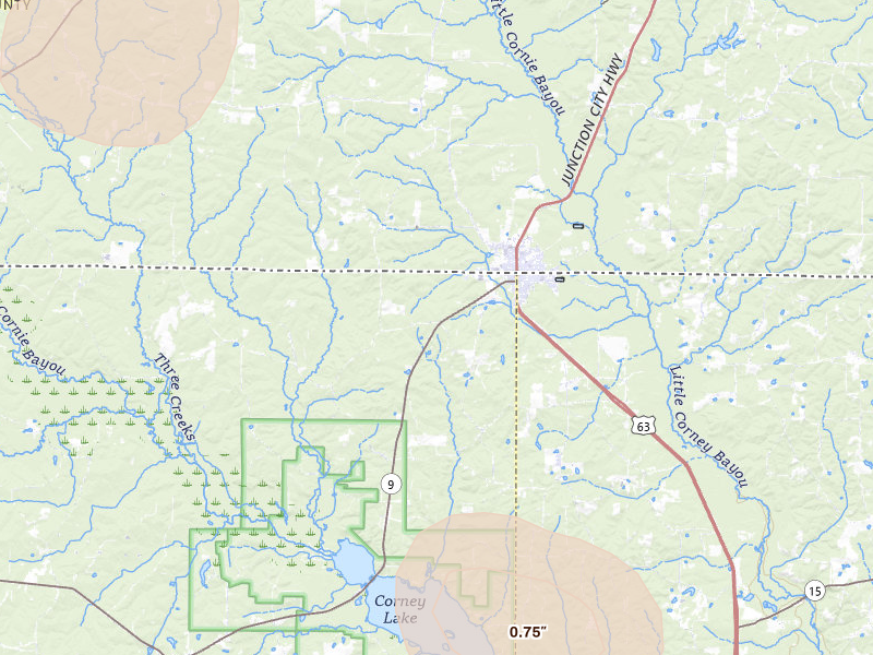 Radar-estimated hail-size map of the storm over Lillie, LA on Jul 4, 2026